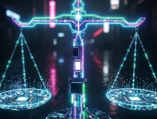 Cyberpunk justice scales with neon digital technology