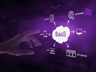 SaaS concept collage with cloud software and digital technology elements